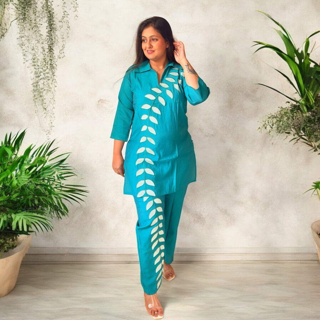 Contemporary Cotton Co-ord Set with Leaf Embroidery