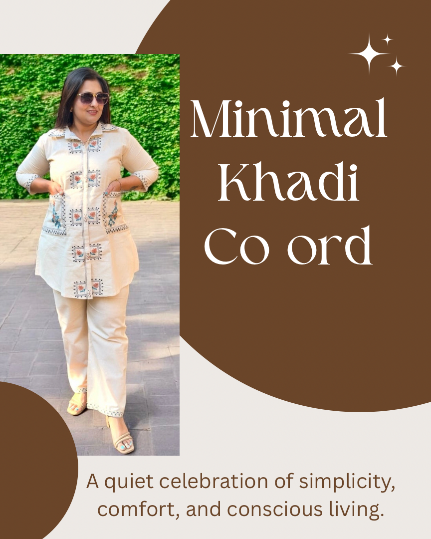 Woman wearing a minimal khadi coord with text on a brown and white background