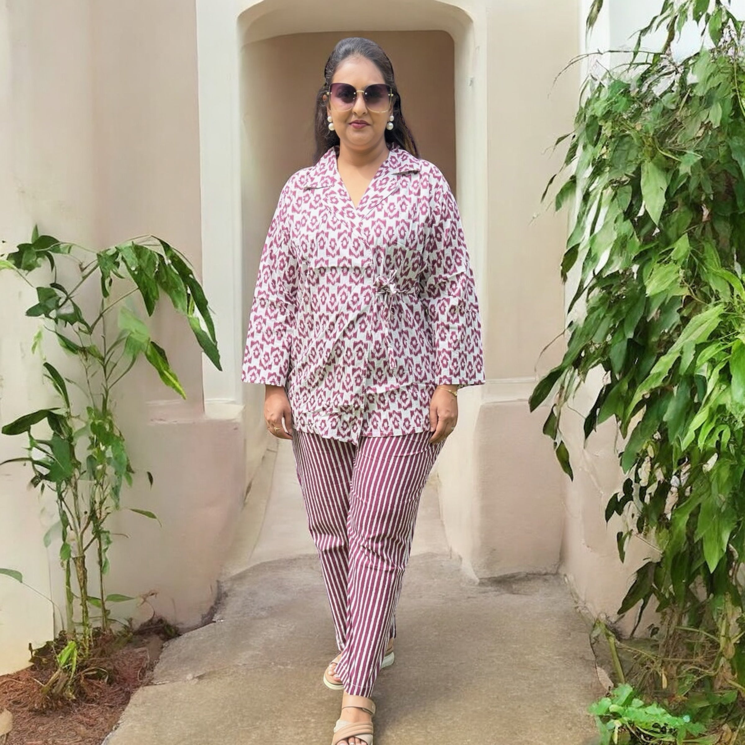 Ziva Cotton Coord Set – Ikat & Stripe Fusion in Wine