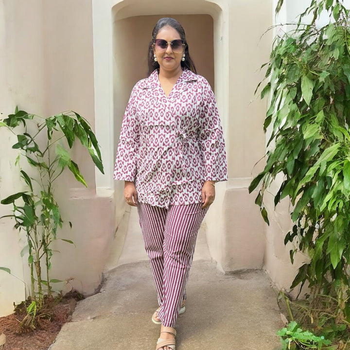 Ziva Cotton Coord Set – Ikat & Stripe Fusion in Wine