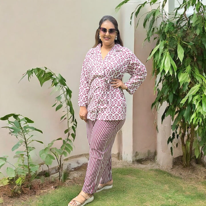 Ziva Cotton Coord Set – Ikat & Stripe Fusion in Wine