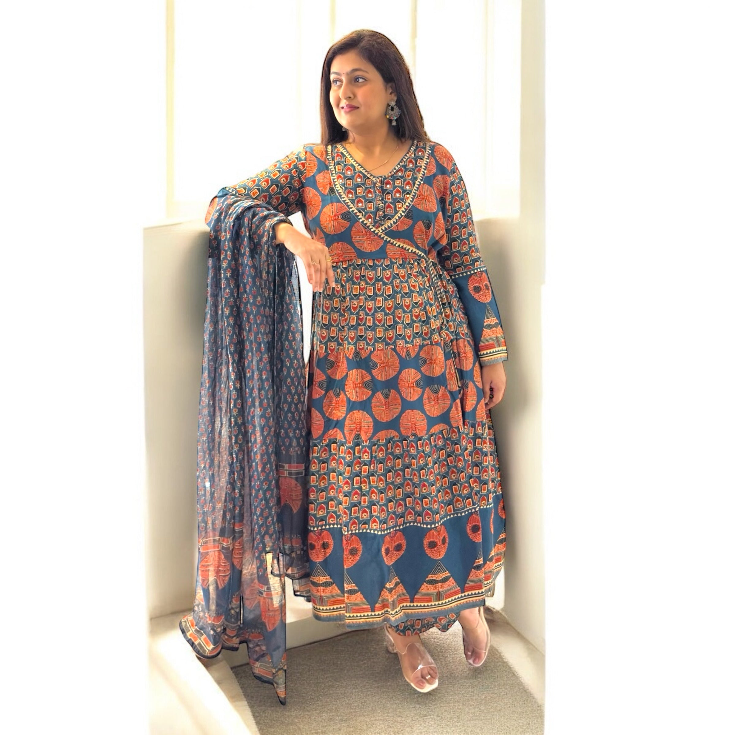 Meher Jaipuri Anarkali Suit – Indigo & Rust Elegance