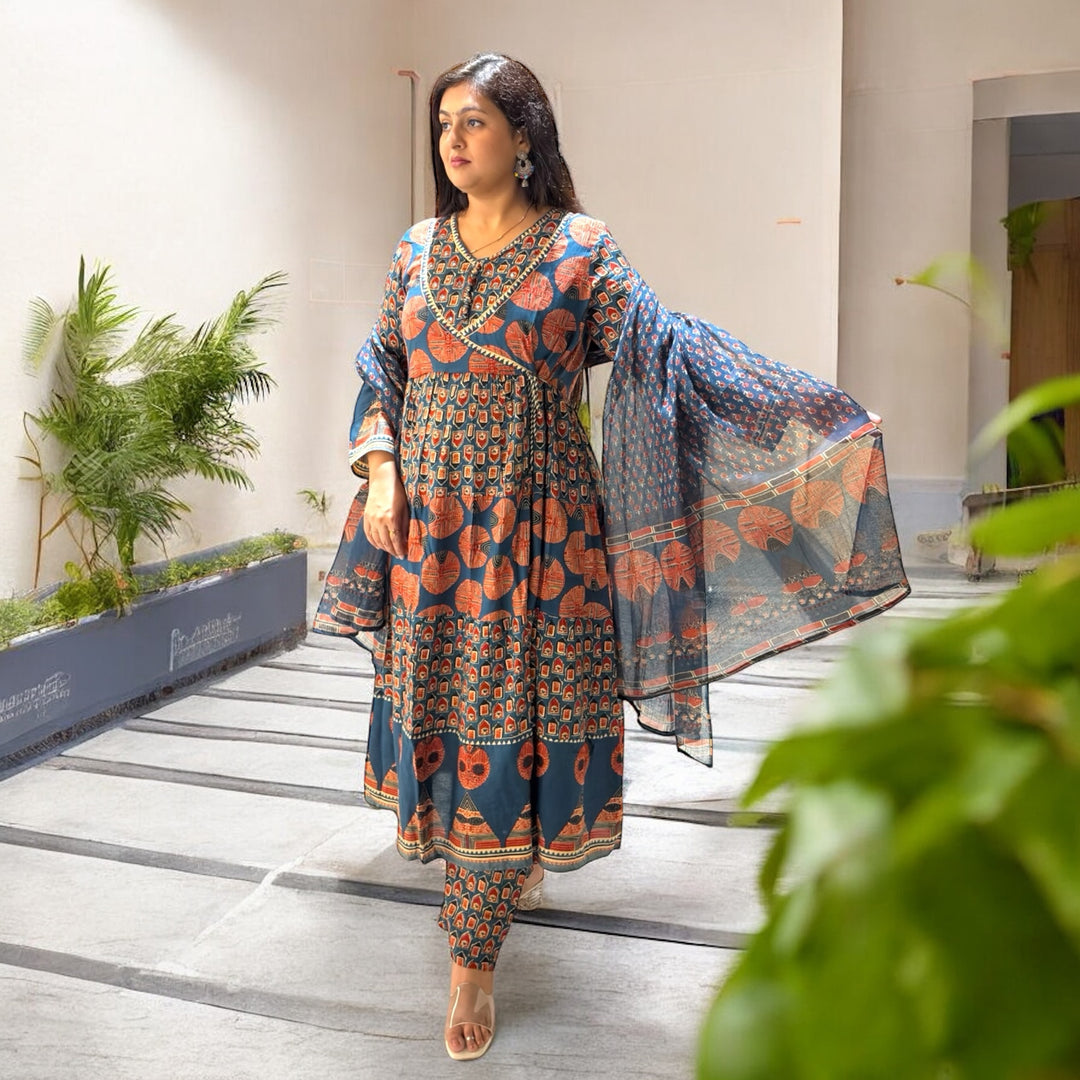 Meher Jaipuri Anarkali Suit – Indigo & Rust Elegance