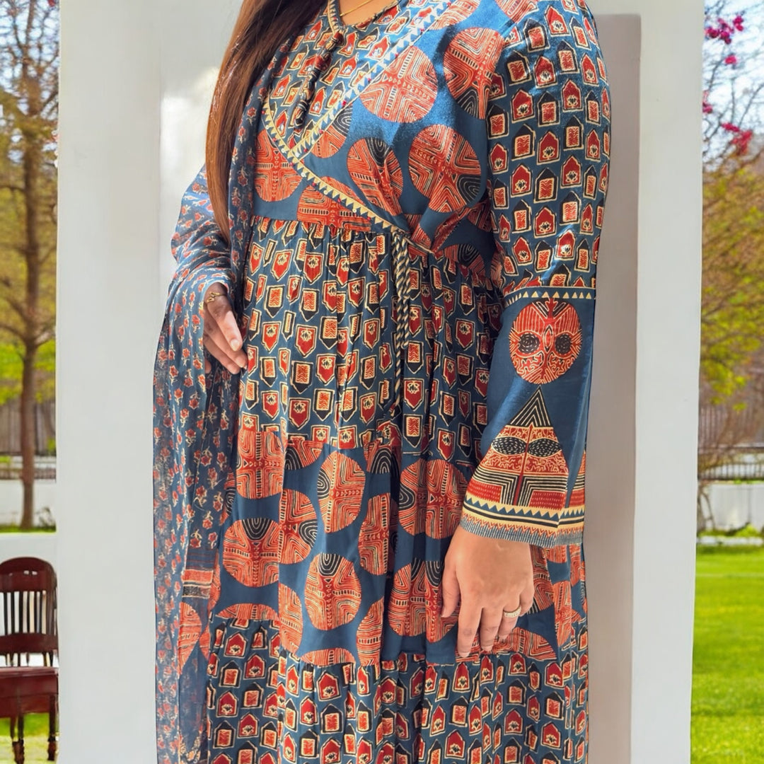 Meher Jaipuri Anarkali Suit – Indigo & Rust Elegance
