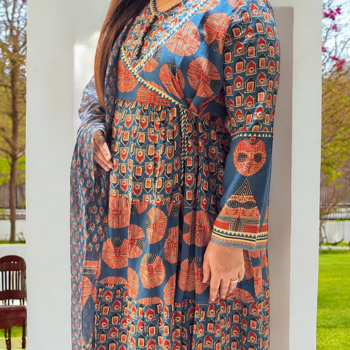 Meher Jaipuri Anarkali Suit – Indigo & Rust Elegance