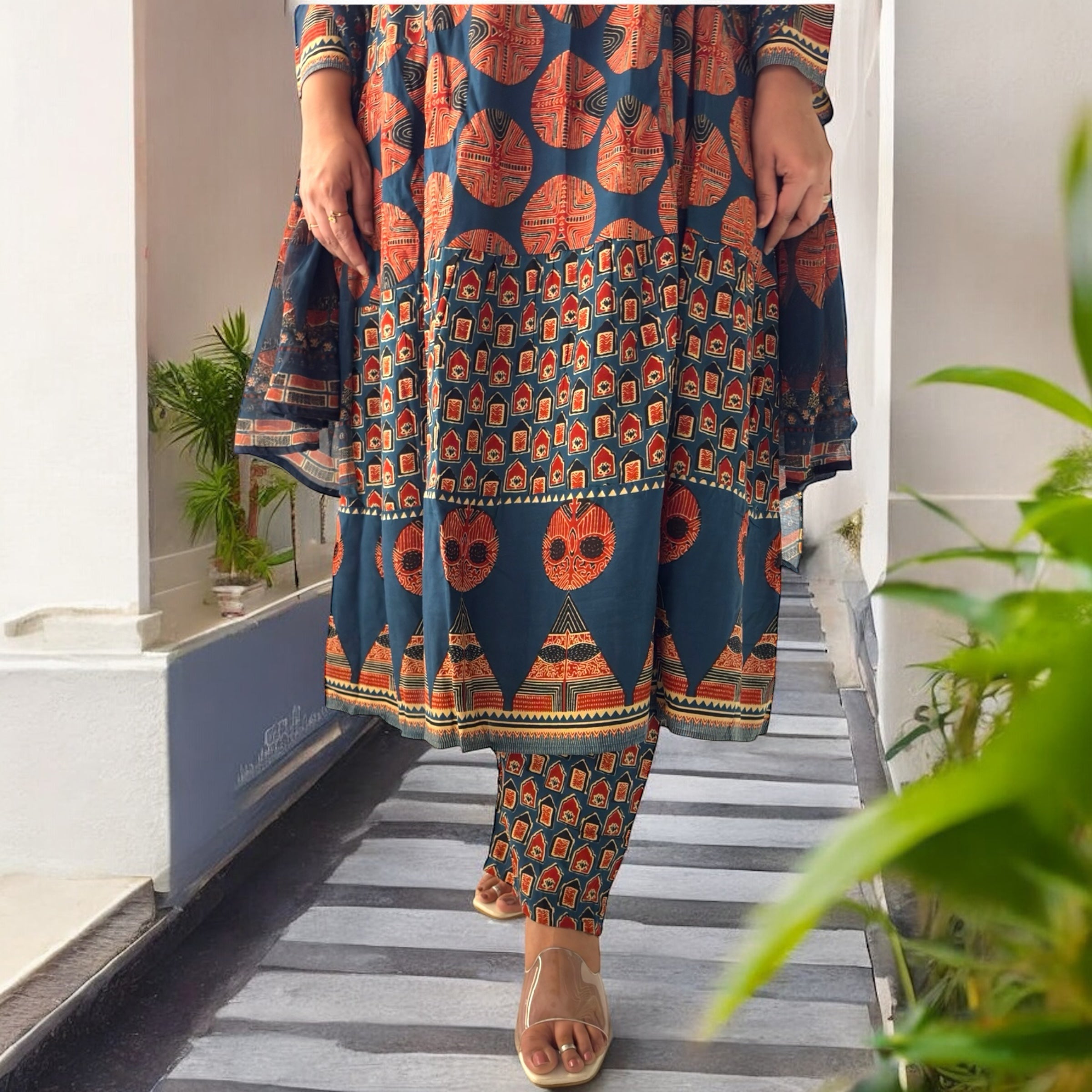 Meher Jaipuri Anarkali Suit – Indigo & Rust Elegance