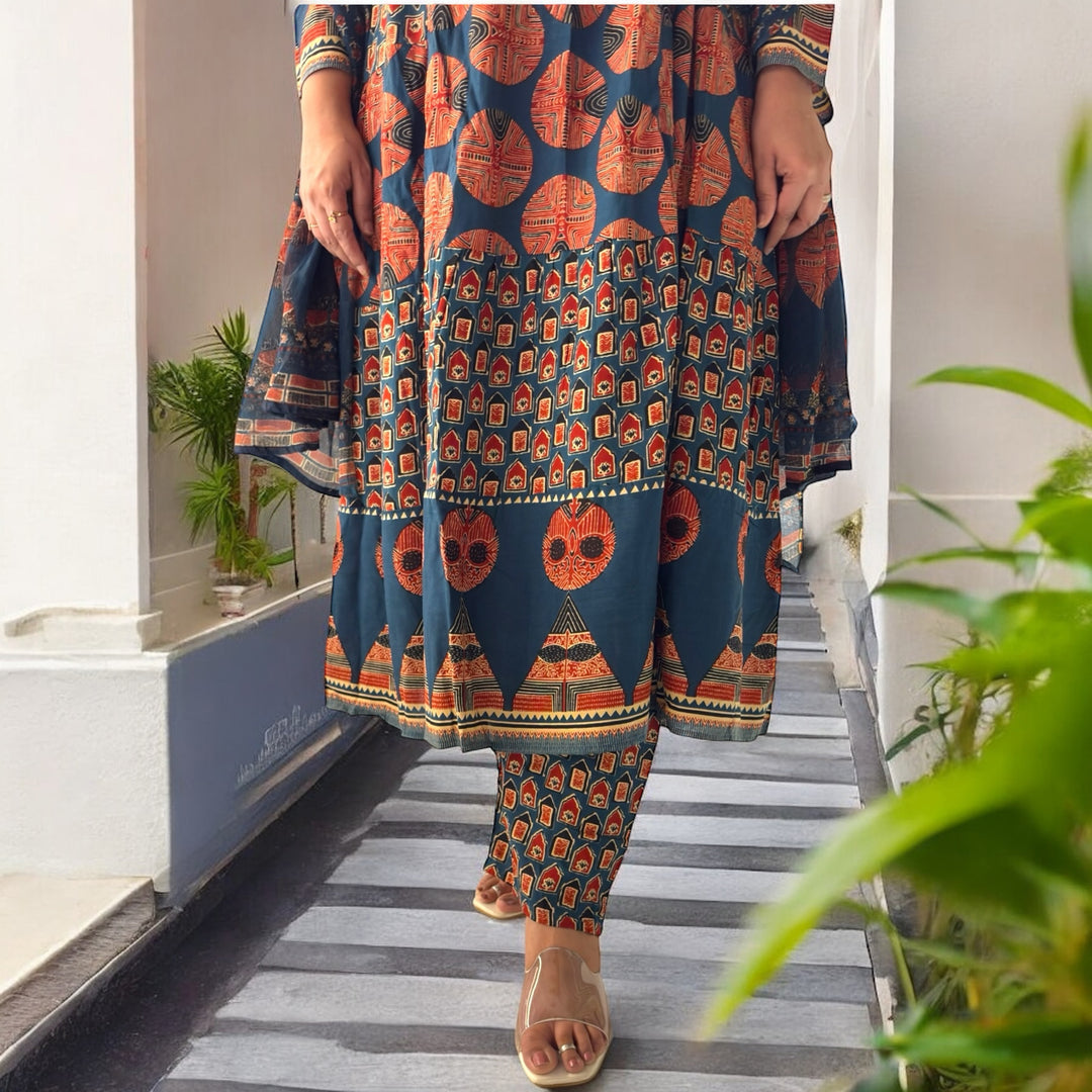 Meher Jaipuri Anarkali Suit – Indigo & Rust Elegance