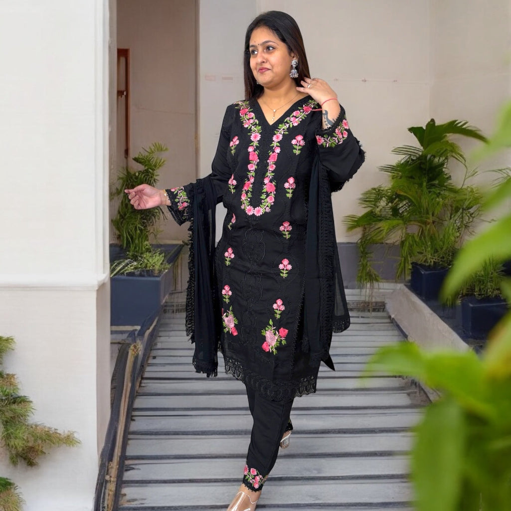 Noir Blossom Embroidered Suit