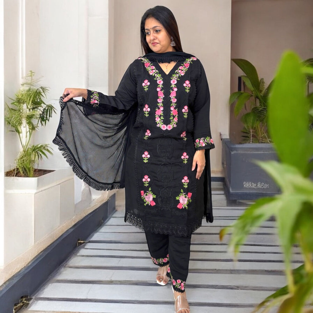Noir Blossom Embroidered Suit