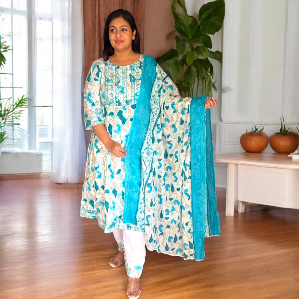 Aqua Bloom Anarkali Suit – Soft Cotton with Delicate Threadwork