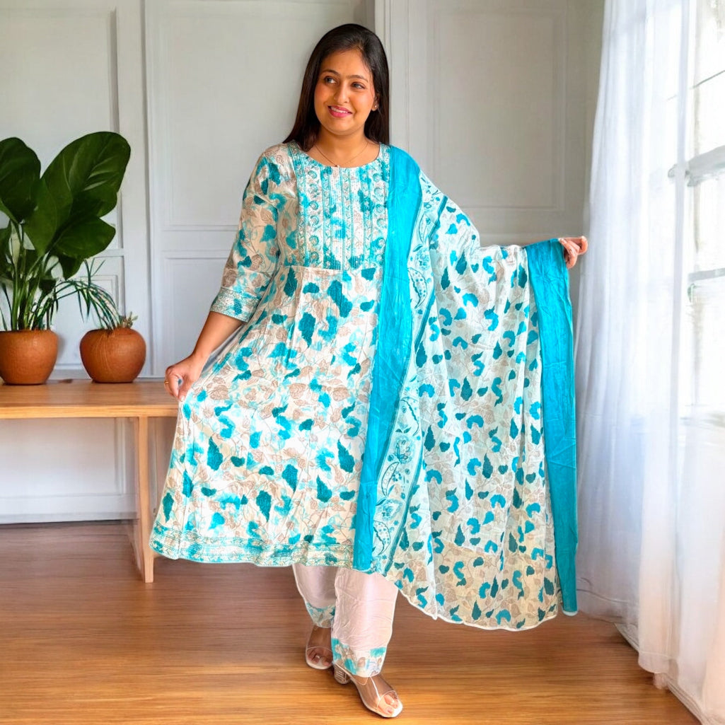 Aqua Bloom Anarkali Suit – Soft Cotton with Delicate Threadwork
