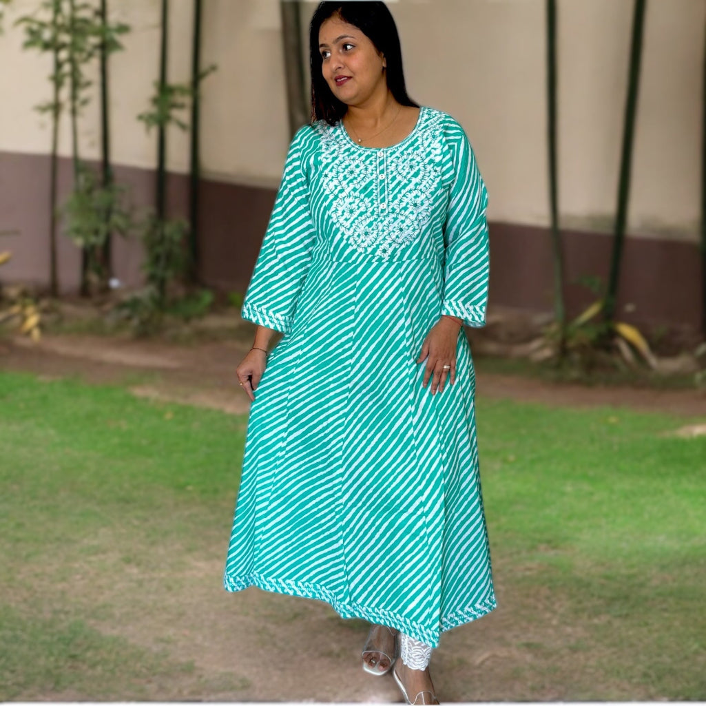 Twirl-Worthy Grace: Leheriya Anarkali Kurti with Embroidery