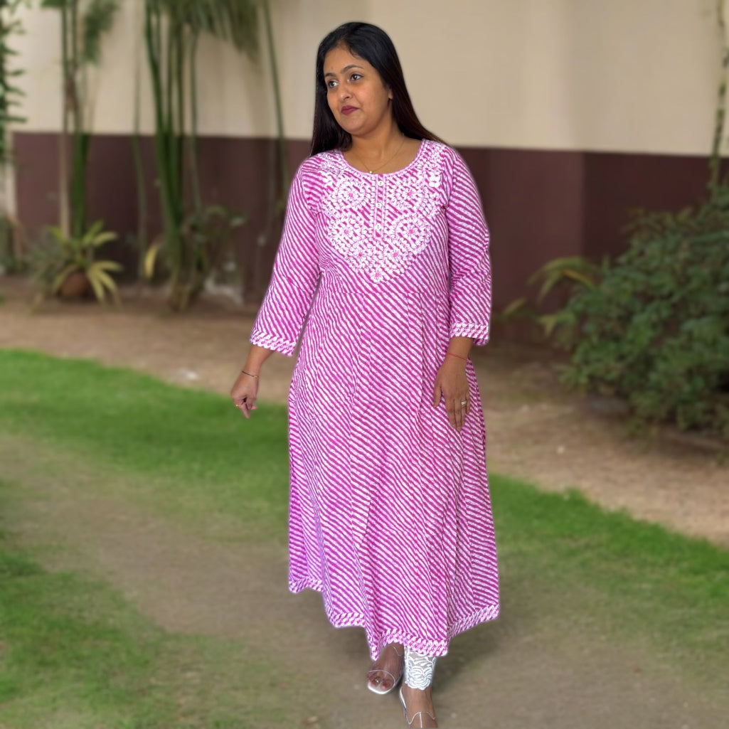 Twirl-Worthy Grace: Leheriya Anarkali Kurti with Embroidery