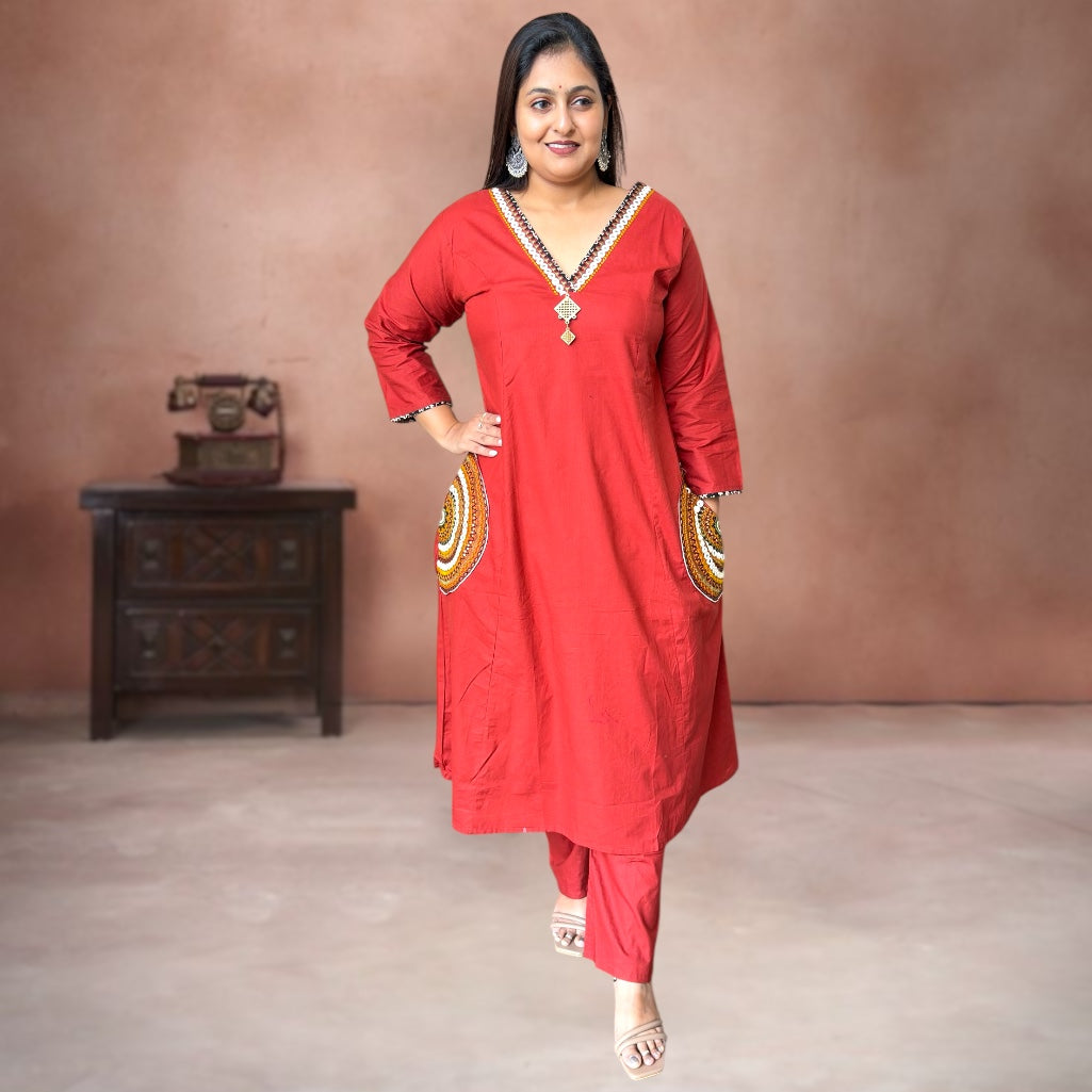 Kathiawadi Charm Cotton Co-ord Set- Rust Red