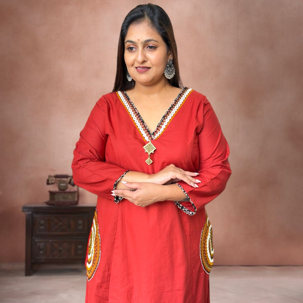 Kathiawadi Charm Cotton Co-ord Set- Rust Red