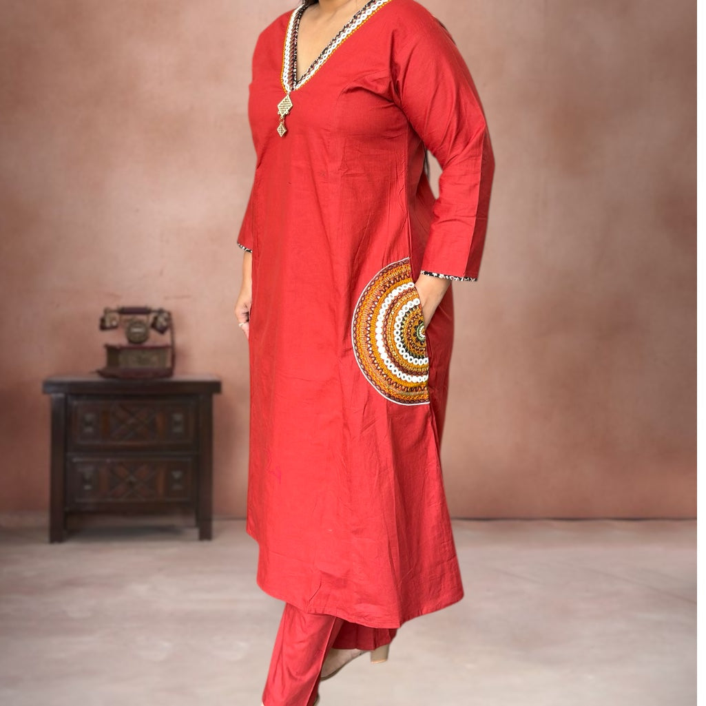 Kathiawadi Charm Cotton Co-ord Set- Rust Red
