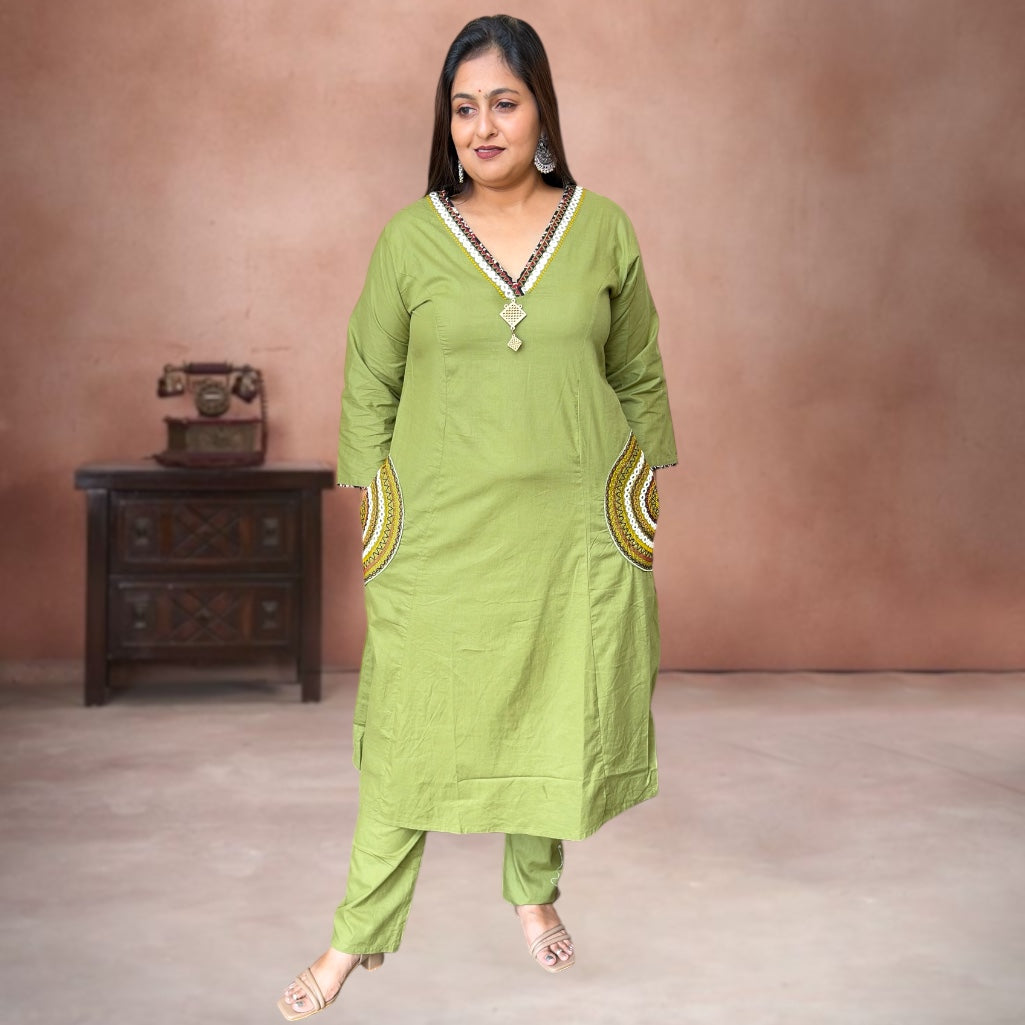 Kathiawadi Charm Cotton Co-ord Set- Pista Green