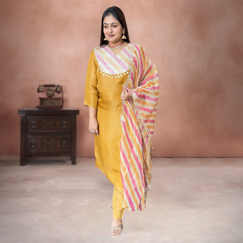 Golden Glow Shimmer Tissue Silk Suit Set