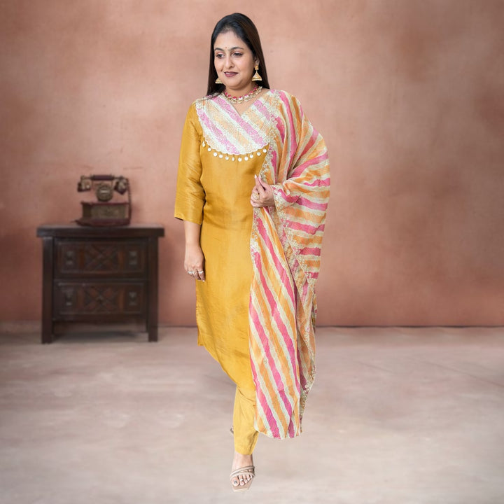 Golden Glow Shimmer Tissue Silk Suit Set