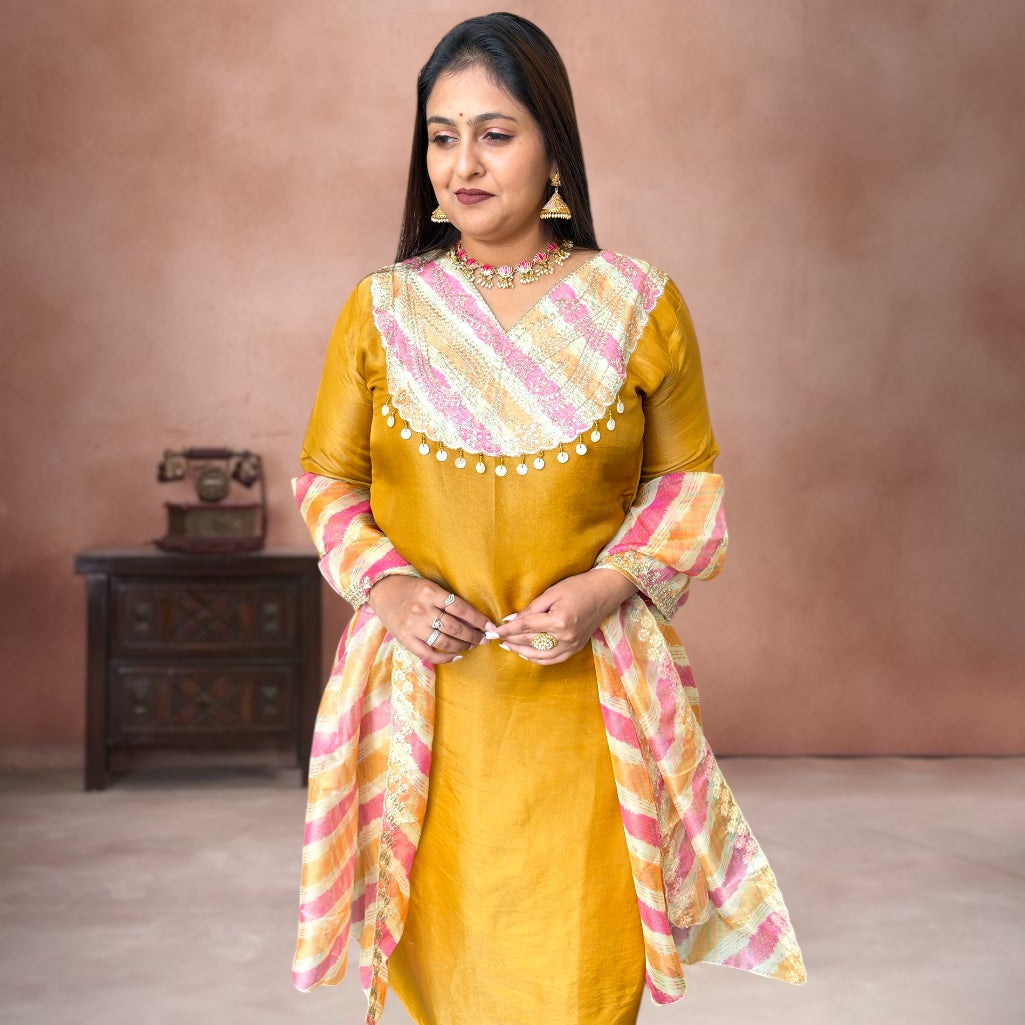 Golden Glow Shimmer Tissue Silk Suit Set