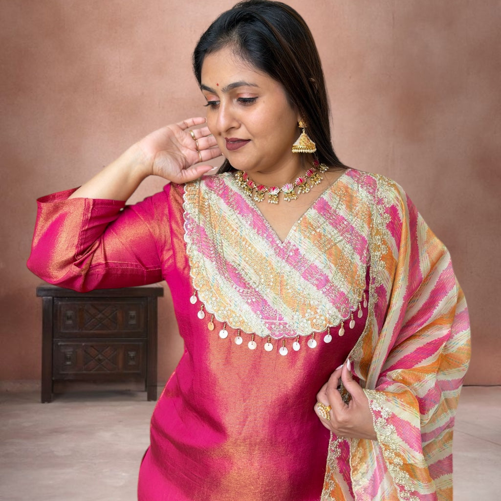 Golden Glow Shimmer Tissue Silk Suit Set