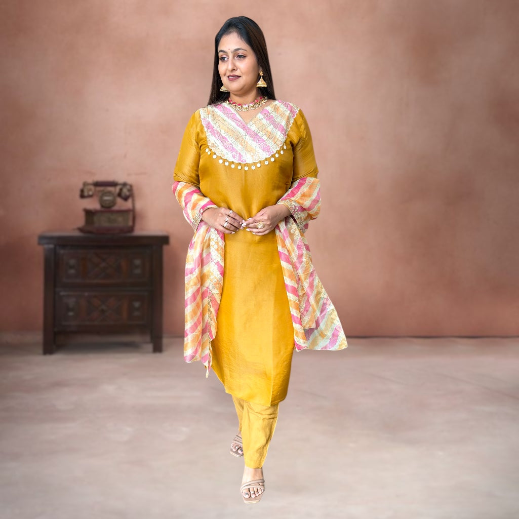 Golden Glow Shimmer Tissue Silk Suit Set